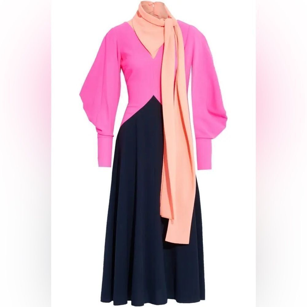 Roksanda Malika Tie-Neck Color Block Wool Crepe Midi Dress ✨